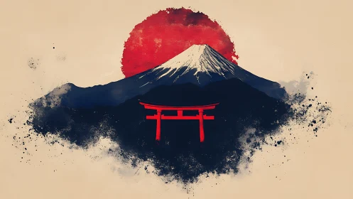 Mount Fuji silhouette rises before red sun with torii gate