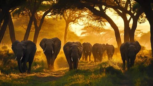 Elephant herd walking through sunlit acacia woodland at dusk