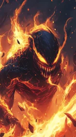 Infernal molten demon emerging through cascading flames.