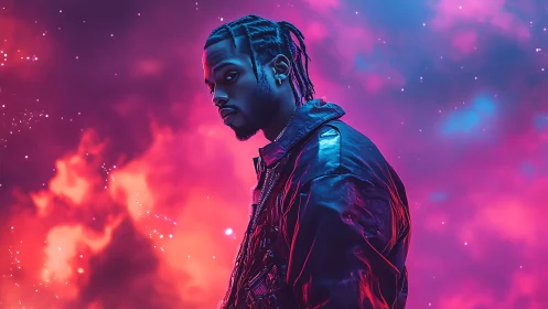 Cyberpunk portrait in neon magenta and cyan atmospheric glow.