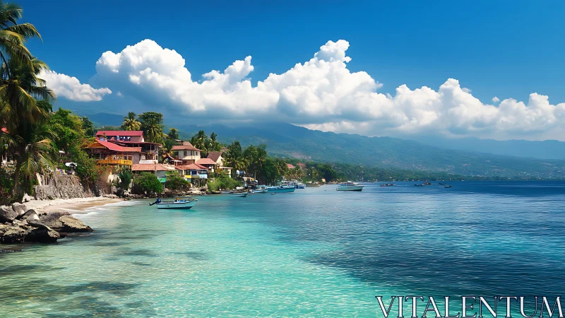 Sunlit tropical bay where colorful homes meet calm sea.