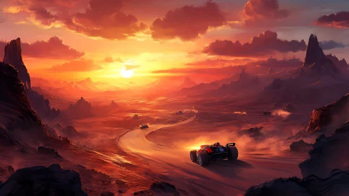 Sunset racers carve molten trails through alien desert skies