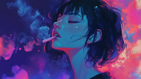Neon-lit girl exhales dreamy smoke in electric solitude
