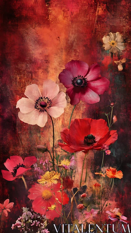 Poppies and Anemones on Textured Red Abstract Background.