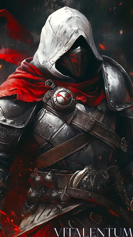 Hooded armored warrior stands in red scarf and metal gear