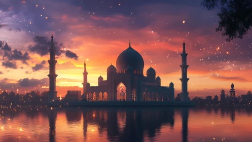 Dreamlike mosque glows beside tranquil water at sunset.