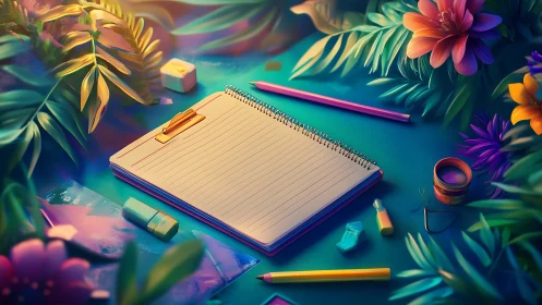 Sketchbook on tropical desk with vivid art supplies.