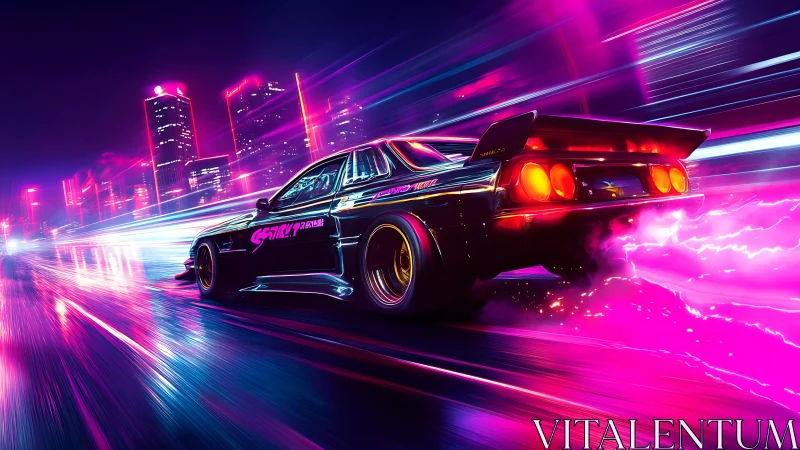 Neon street racer drifting through cyberpunk cityscape.
