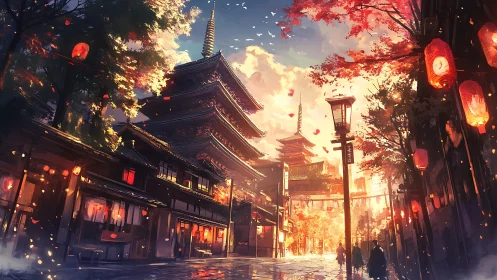 Sunlit pagoda street captures autumn lantern glow at dusk
