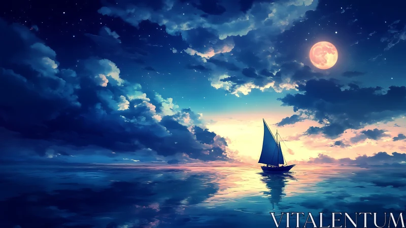 Sailboat on reflective sea under moonlit clouded sky.