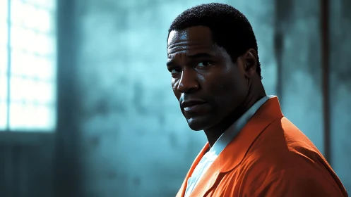 Stoic inmate in orange watching the cold light fall.