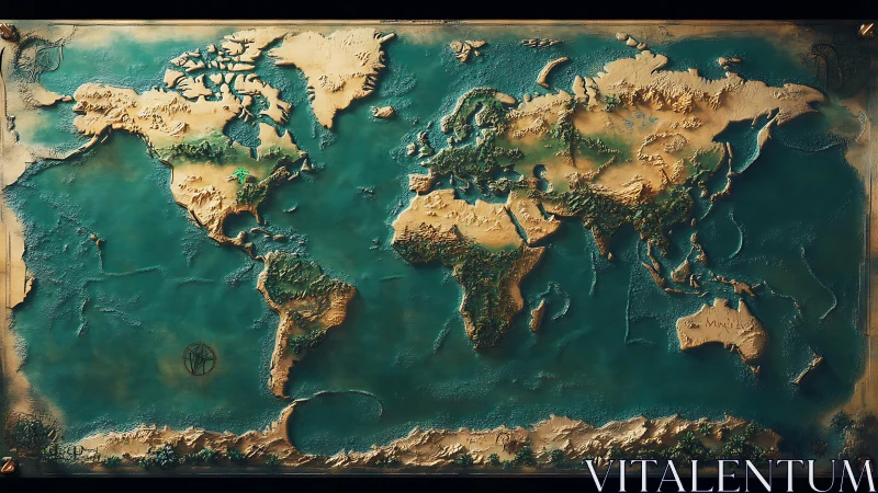 Tactile world atlas in sculpted teal seas and sandy gold lands.
