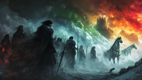 Medieval figures approach distant fortress through misty pass.