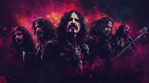 Rock musicians in composite portrait with red abstract background.