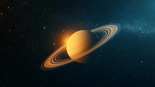 Ringed gas giant rendered with high-detail volumetric rim lighting