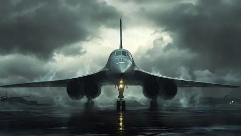 Supersonic delta‑wing jet on rain‑soaked runway at dusk