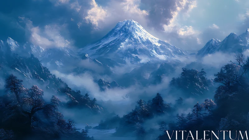 Snow-crowned peak rising above ethereal blue forest mists.