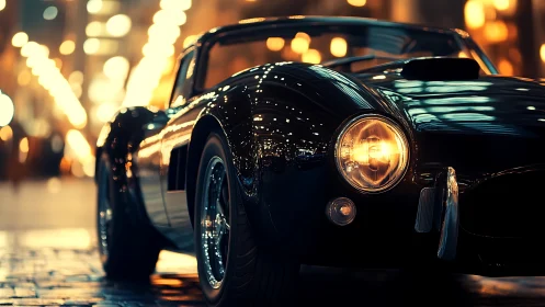 Black vintage sports car parked on wet city street at night