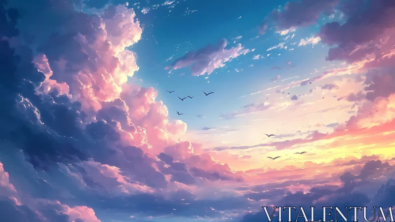 Sky-sailing birds under sherbet thundercloud cathedrals.