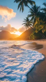 Sunlit tropical shoreline with foamy surf and palm silhouettes.