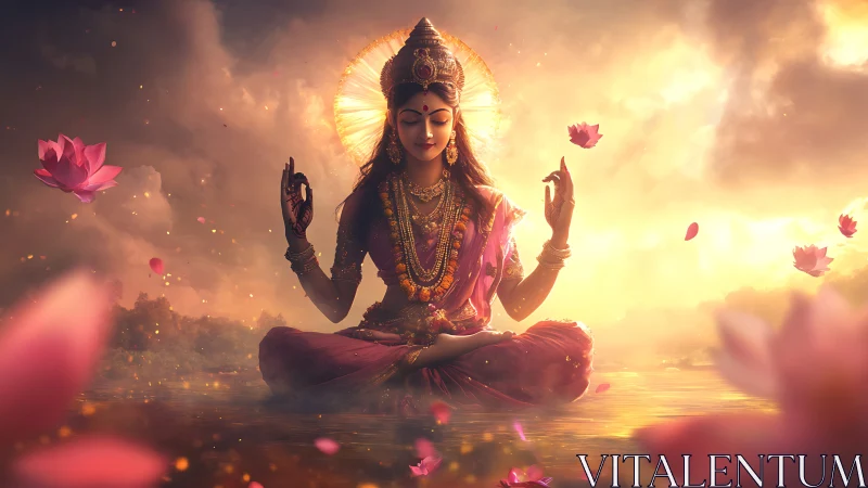 Divine female figure meditating amid glowing lotus light.