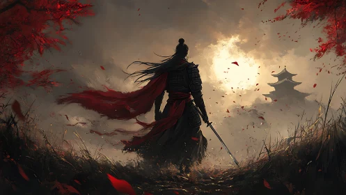 Lone red-clad samurai strides toward a mist-veiled temple.