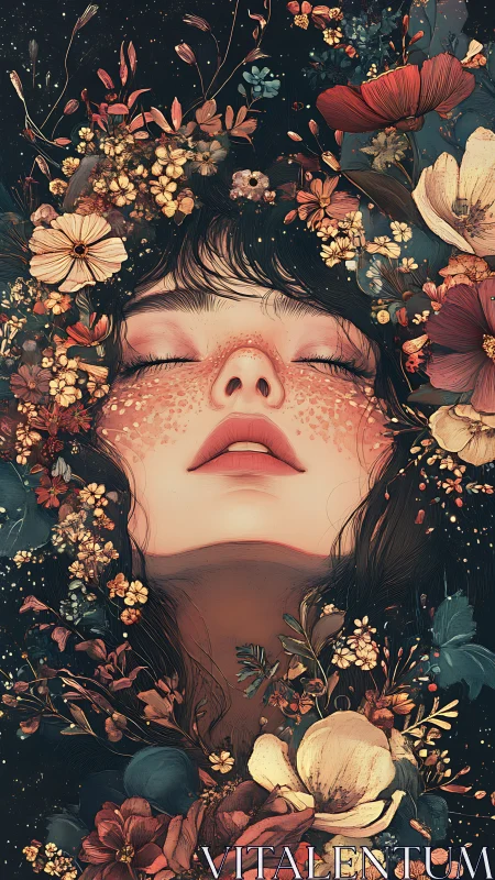 Female portrait framed by dense botanical floral elements.