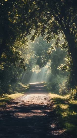 Forest Path with Golden Canopy and Sunlight Rays