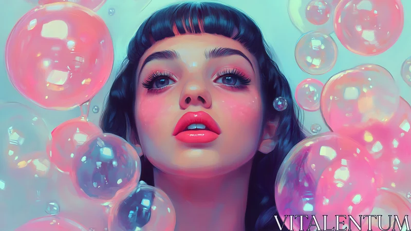 Girl with glossy lips surrounded by translucent bubbles