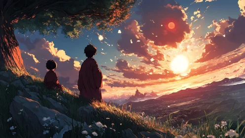 Anime hillside sunset with dual suns and contemplative figures