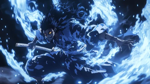 Kinetic blue-flame swordsman in high-energy anime composition.