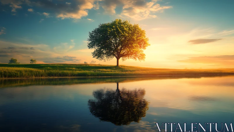 Solitary riverside tree rendered in high-dynamic sunset light