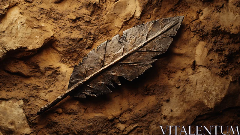 Weathered metal leaf sculpture on rugged earthen wall.