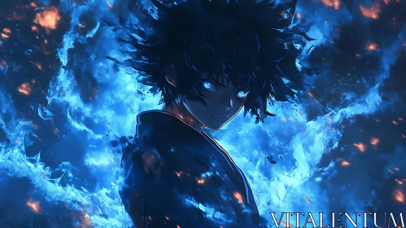 Blue-illuminated anime figure framed by dynamic volumetric fire