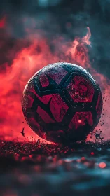 Macro closeup of wet red soccer ball in dramatic smoke field