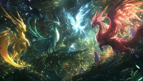 Elemental dragon creatures in luminous forest environment.
