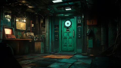 Rusty teal bulkhead door anchors dim industrial control room