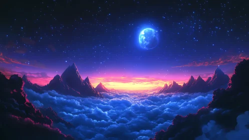 Celestial sunrise bathes alien mountains in glowing clouds