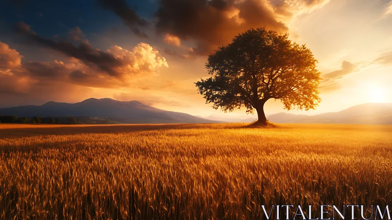 Solitary tree glows above golden wheat under burning sunset sky