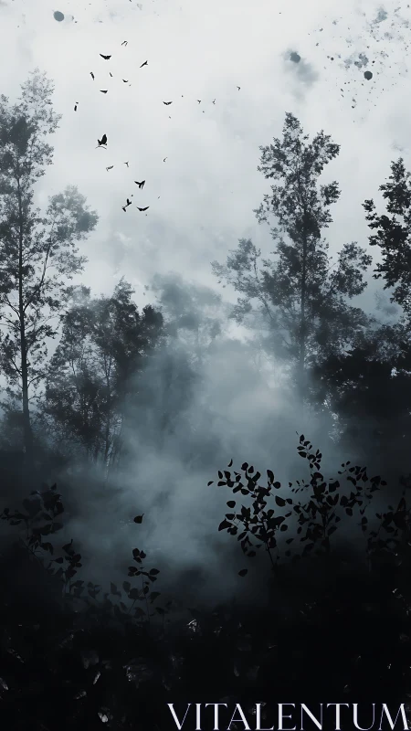 Misty forest silhouettes with birds drifting through dawn light.