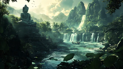 Stone Buddha statue beside river in dense tropical valley.