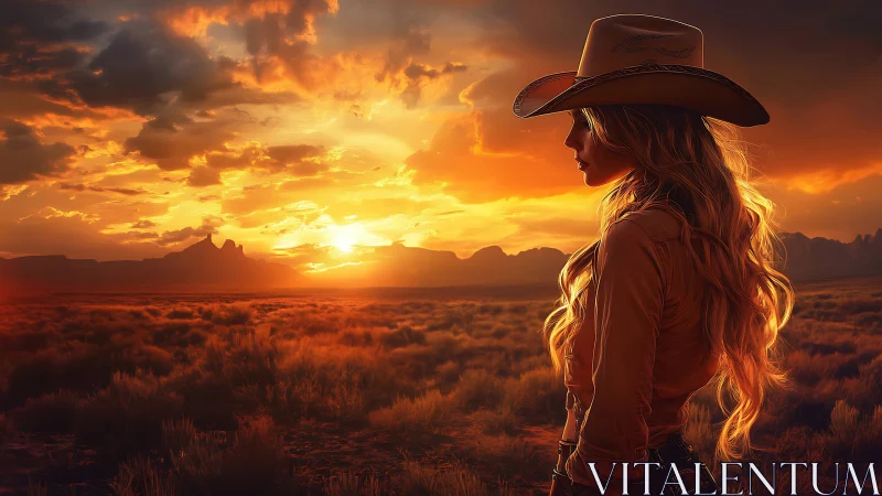 Cowgirl stands in profile against illuminated desert sunset