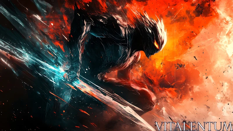 Infernal cyber warrior poised amid explosive energy storm.