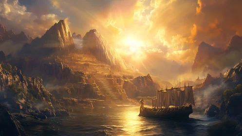 Sunlit mythic harbor reveals golden mountain city