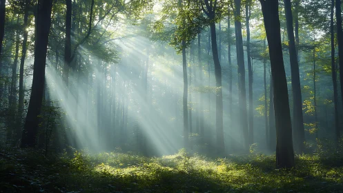 Sunbeams Filtering Through Misty Forest in Serene Morning Light.
