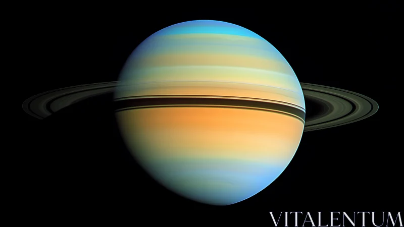 Glowing Saturn drifts in space with softly lit colorful rings