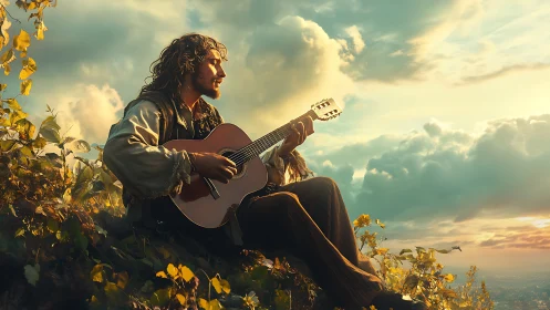 Golden hour minstrel with guitar on sunlit hillside panorama.