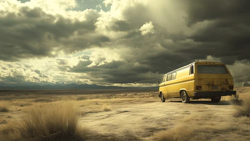 Yellow camper van under storm-lit desert skies at dusk.