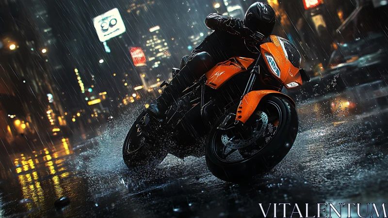 Photorealistic urban night rider on orange sport motorcycle.