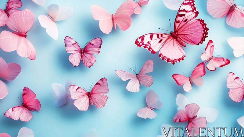 Pink butterflies drift gracefully across a soft blue sky